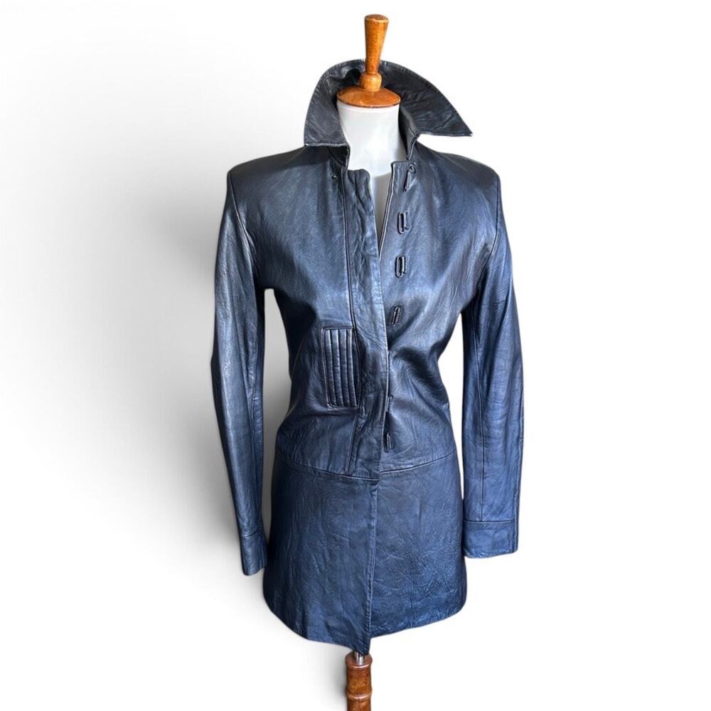 Jonathan A. Logan Metallic Blue Leather Longline Coat, Vintage
